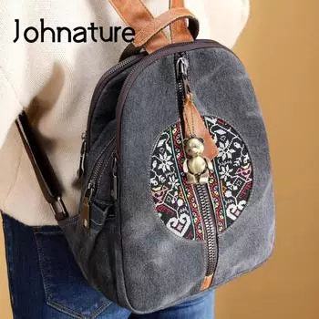Johnature красочный джинсовый рюкзак с вышивкой, ретро большая вместительная женская сумка, рюкзаки в национальном стиле для отдыха и путешествий