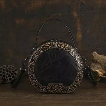 Johnature Круглая ретро женская кожаная сумка с тиснением вручную универсальные сумки через плечо бежевый