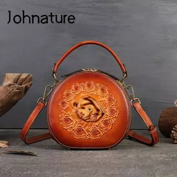 Johnature круглая сумка ручной работы с тиснением из натуральной кожи, женская сумка, винтажные сумки на плечо из воловьей кожи с животным узором