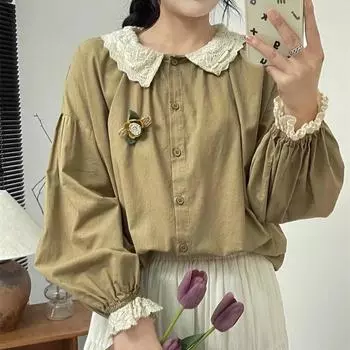 Johnature кружевной кукольный воротник женская весенняя рубашка повседневные японские свободные лоскутные кружевные винтажные рубашки с длинными рукавами One Size белый