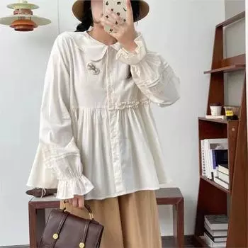 Johnature Кукольный воротник Хлопковая кукольная рубашка Женская Японская лесная весенняя свободная повседневная верхняя рубашка Женская One Size бежевый