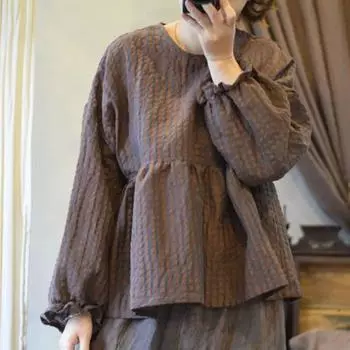 Johnature льняная хлопковая футболка с пышными рукавами и круглым вырезом, осенняя женская свободная футболка с длинными рукавами