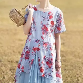 Johnature льняная Повседневная футболка с круглым вырезом и принтом в китайском стиле, летняя женская винтажная свободная футболка с короткими рукавами One Size светло-синий