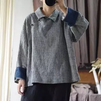 Johnature льняная рубашка с лацканами в винтажном стиле, свободная рубашка, осенняя женская рубашка с длинными рукавами, рубашка контрастного цвета One Size синий