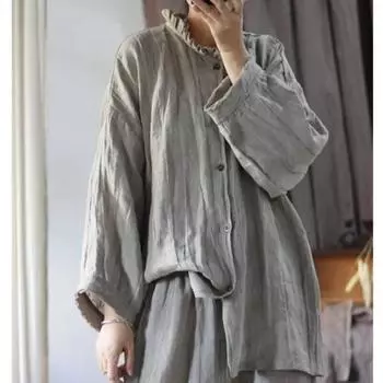 Johnature льняная рубашка в стиле ретро, нерегулярная винтажная рубашка, осенняя женская повседневная однобортная рубашка с длинными рукавами One Size фиолетовый