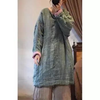 Johnature льняная винтажная однотонная хлопковая одежда, зимняя женская свободная хлопковая одежда с длинными рукавами One Size зелёный