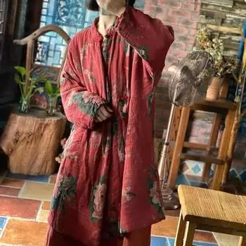 Johnature льняное винтажное женское пальто с принтом в китайском стиле, весенние свободные хлопковые парки с длинными рукавами в стиле ретро, теплые парки с круглым вырезом One Size красный