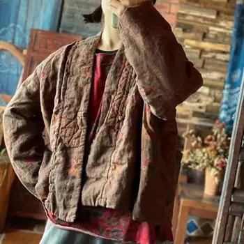 Johnature льняное женское пальто с принтом, винтажное зимнее свободное пальто в китайском стиле в стиле ретро, хлопковое пальто с длинными рукавами и v-образным вырезом, парки