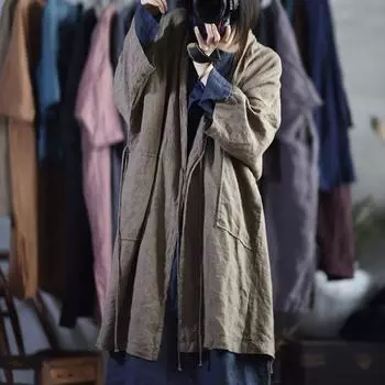 Johnature льняной однотонный ретро-пояс кардиган пальто карманный плащ осень простая свободная женская ветровка One Size серый