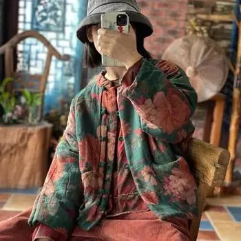 Johnature льняной принт, винтажное женское пальто в китайском стиле, весенние свободные пальто с длинными рукавами и круглым вырезом в стиле ретро, парки с карманами One Size темно-зеленого