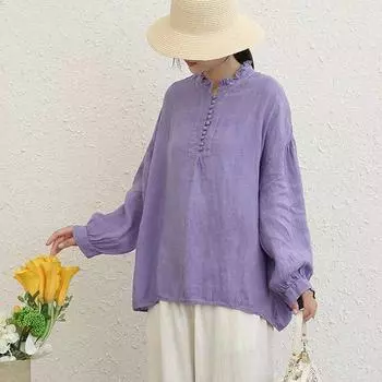 Johnature льняные однотонные женские блузки осенние винтажные тонкие женские рубашки с круглым вырезом и длинными рукавами на пуговицах One Size фиолетовый