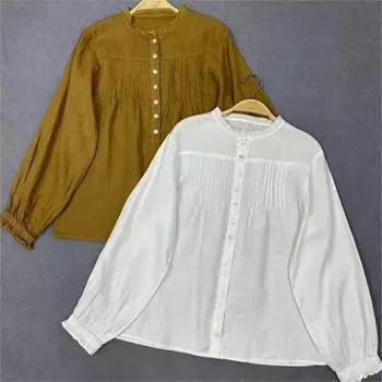 Johnature льняные однотонные женские топы с оборками, весенние винтажные повседневные плиссированные свободные универсальные женские рубашки One Size жёлтый