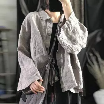 Johnature льняные винтажные женские рубашки с отложным воротником и длинным рукавом, весенние свободные повседневные свободные топы в стиле ретро One Size светло-серый