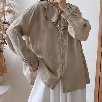 Johnature льняные женские рубашки с большим воротником и оборками, весенне-осенние однотонные свободные винтажные универсальные женские блузки на пуговицах One Size абрикосовый