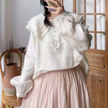 Johnature льняные женские рубашки с рюшами и воротником, весенние повседневные свободные однотонные женские блузки на пуговицах One Size бежевый