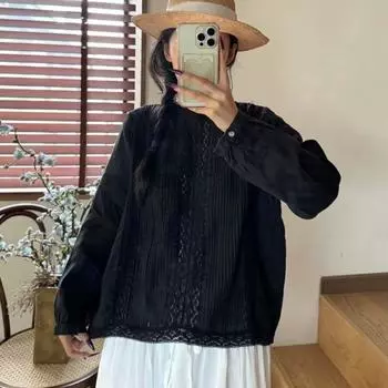 Johnature Lace Shirt Linen Black Shirt Long Sleeve Ladies Round Neck Casual Simple Blouses One Size чёрный