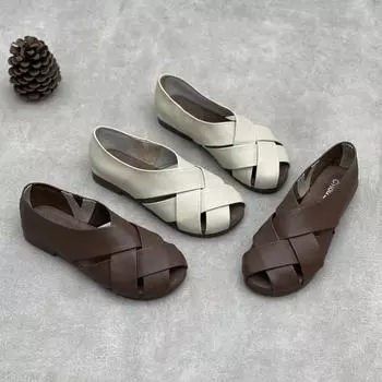 Johnature Легкие сандалии из натуральной кожи с плетеными отверстиями, дышащие, с мягкой подошвой, женские туфли на плоской подошве 35 кофейный