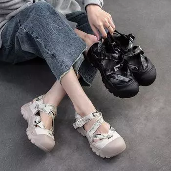 Johnature Leisure Сандалии с круглым носком на толстой подошве, дышащая повседневная женская обувь на крючках и петлях 35 бежевый