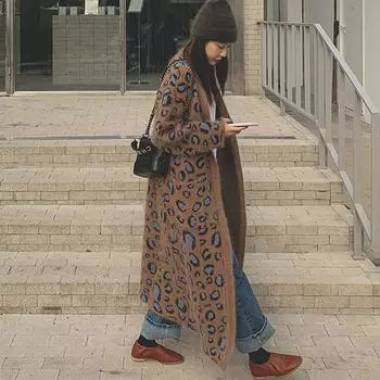 Johnature леопардовые вязаные женские корейские свободные длинные пальто осень-зима кардиган теплые женские тренчи S леопардовый