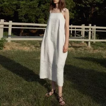 Johnature Летнее французское платье-комбинация Женское платье с открытой спиной и гофрированным дизайном Свободные длинные летние платья без рукавов с квадратным вырезом S чёрный