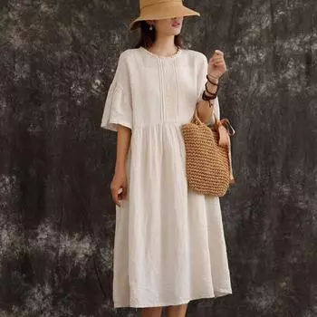 Johnature летнее хлопковое льняное женское платье с короткими рукавами, винтажное лоскутное женское платье