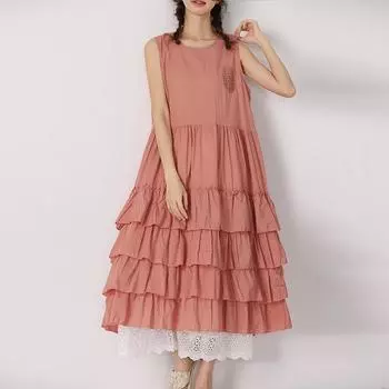 Johnature летнее милое однотонное платье без рукавов для торта Свободные повседневные платья с вышивкой женские One Size розовый