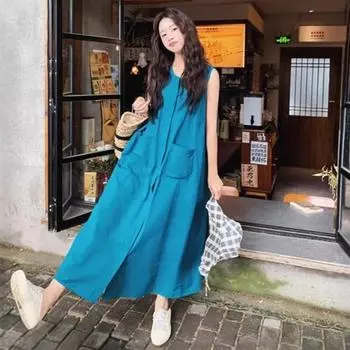 Johnature Летнее повседневное платье без рукавов в корейском стиле для женщин, свободное повседневное платье с круглым вырезом и карманами, простое женское платье S