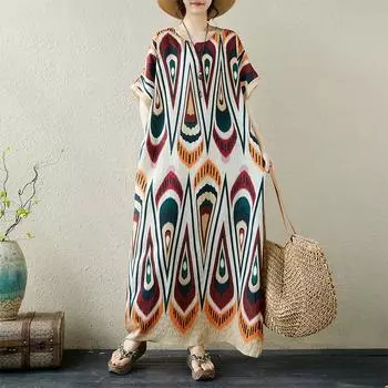 Johnature Летнее повседневное свободное пляжное платье в богемном курортном стиле с круглым вырезом, простые женские платья с карманами и принтом One Size