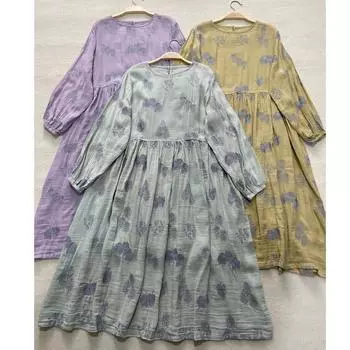 Johnature летнее японское льняное платье с цветочной вышивкой, женские винтажные свободные однотонные женские платья One Size жёлтый