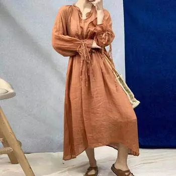 Johnature летнее винтажное хлопково-льняное женское платье с длинным рукавом и галстуком, нерегулярный халат, свободные платья One Size красный