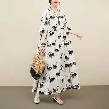 Johnature летнее винтажное свободное дышащее платье с короткими рукавами в виде лебедя, повседневное женское платье с круглым вырезом и простыми карманами One Size бежевый