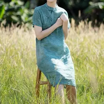 Johnature летнее женское хлопковое платье с принтом, воротником и пряжкой, короткими рукавами, Cheongsam, винтажное повседневное платье в китайском стиле