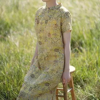 Johnature летнее женское льняное платье с короткими рукавами и разрезом Cheongsam, модное свободное винтажное платье с воротником в китайском стиле