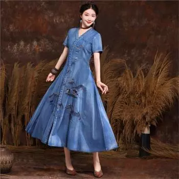 Johnature летнее женское модное ковбойское повседневное платье в китайском стиле с v-образным вырезом винтажное платье с короткими рукавами M светло-синий