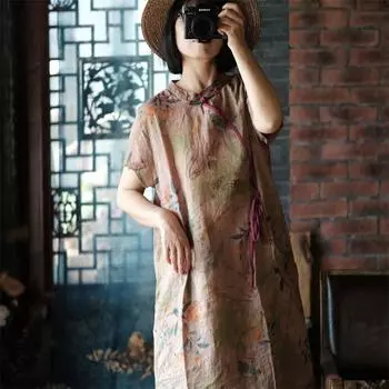 Johnature летнее женское винтажное льняное платье с уздечкой и пряжкой в китайском стиле платье с v-образным вырезом One Size хаки