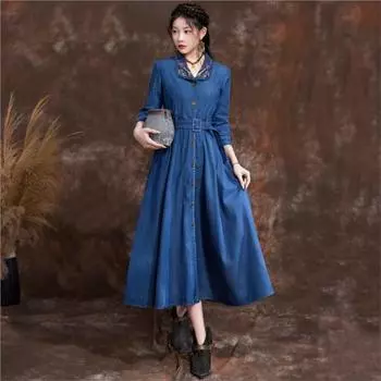 Johnature летнее женское винтажное повседневное платье три четверти с вышивкой в китайском стиле однотонное ковбойское платье с лацканами