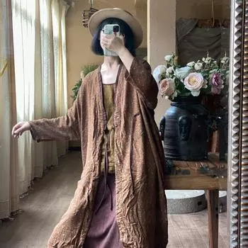 Johnature летнее женское винтажное стильное хлопковое пальто в стиле ретро для стирки модное свободное пальто с v-образным вырезом и принтом с длинными рукавами