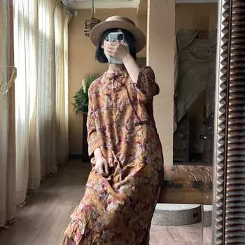 Johnature летнее женское винтажное свободное платье с пряжкой в виде диска, хлопковое платье с круглым вырезом и принтом три четверти в китайском стиле One Size