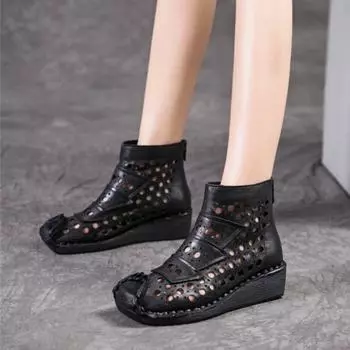 Johnature, летние ботинки из натуральной кожи с отверстиями, дышащие сандалии на танкетке ручной работы с круглым носком, женская обувь 35 чёрный