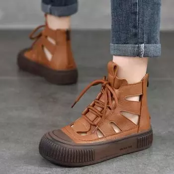 Летние сапоги Johnature с открытыми носами, римские туфли из натуральной кожи, повседневные женские сандалии с круглым носком и мягкой подошвой 35 коричневый