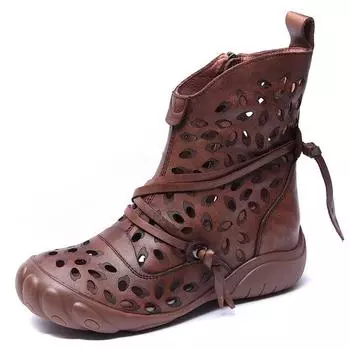 Johnature Летние ботинки в этническом стиле, ретро, из натуральной кожи, с перфорацией, на мягкой подошве, дышащие, женские 35 коричневый