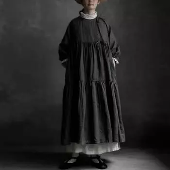 Johnature летние длинные винтажные льняные женские пальто на шнуровке японские универсальные однотонные свободные пальто с карманами One Size чёрный