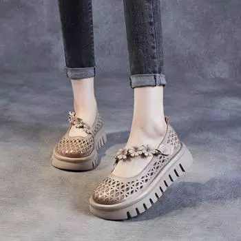 Johnature/летние дышащие сандалии на толстой подошве, новинка 2023, удобная женская обувь на платформе с круглым носком из натуральной кожи 35 абрикосовый