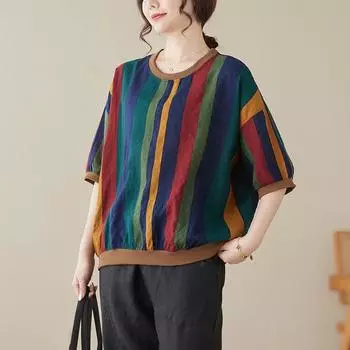 Johnature Летние футболки, повседневный пуловер с вышивкой, полосатый пуловер с короткими рукавами, свободные женские футболки с короткими рукавами One Size