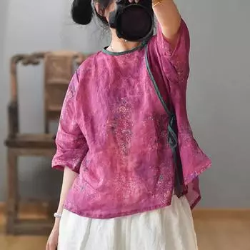 Johnature Летние футболки женские с круглым вырезом, с семью рукавами, с цветочным принтом и пуговицами, женские винтажные футболки One Size фиолетовый