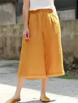 Johnature летние хлопковые льняные брюки в стиле ретро с карманами и эластичной резинкой на талии, широкие брюки, свободные удобные универсальные женские брюки One Size бежевый