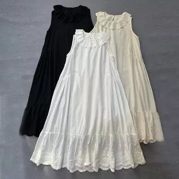 Johnature/летние хлопковые платья с вышивкой, повседневное простое японское женское платье Mori без рукавов с оборками и воротником