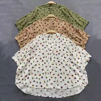 Johnature летние хлопковые женские рубашки с принтом, винтажные свободные блузки нерегулярной формы на пуговицах