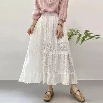 Johnature летние хлопковые женские юбки японские винтажные универсальные эластичные талии ажурные лоскутные кружевные юбки