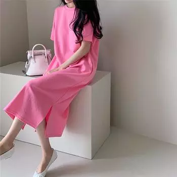 Johnature Летние корейские повседневные однотонные женские платья с разрезами и круглым вырезом с короткими рукавами и свободными карманами женское платье